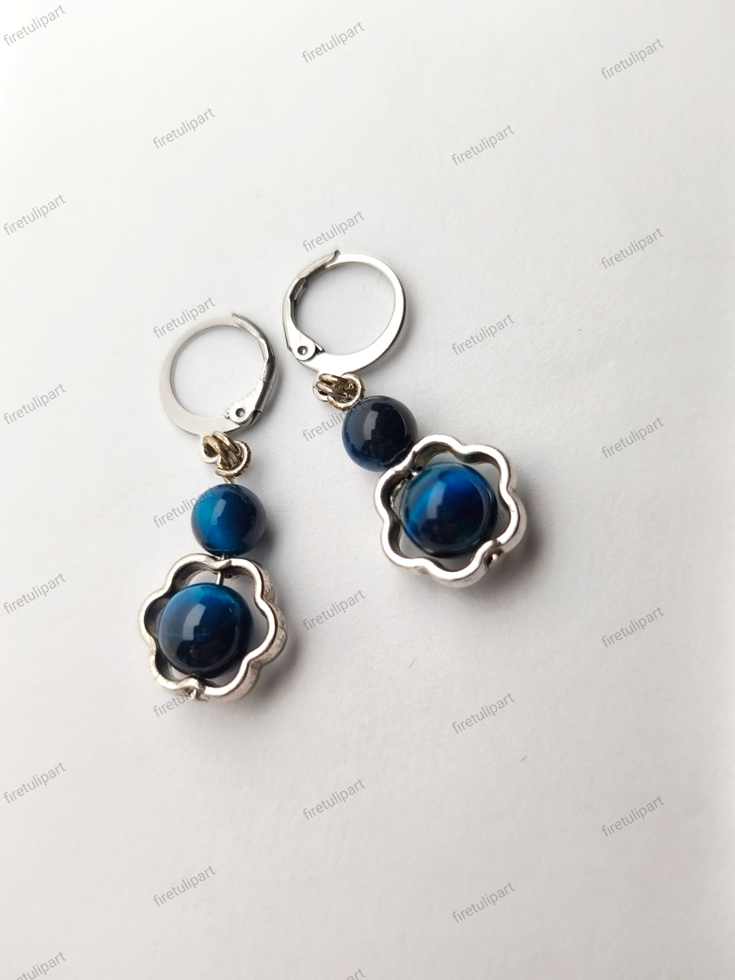 Királykék, színváltós, tigrisszem függős, nemesacél, fülbevaló